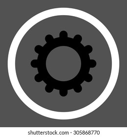 Gear vector icon. This rounded flat symbol is drawn with black and white colors on a gray background.