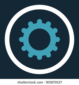 Gear vector icon. This rounded flat symbol is drawn with blue and white colors on a dark blue background.