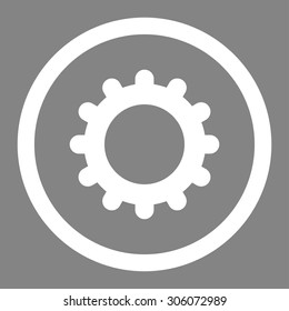 Gear vector icon. This rounded flat symbol is drawn with white color on a gray background.