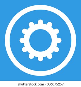 Gear vector icon. This rounded flat symbol is drawn with white color on a blue background.