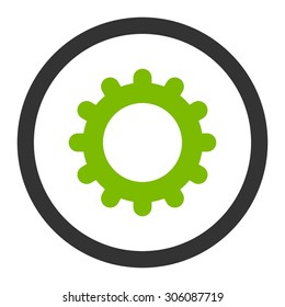Gear vector icon. This rounded flat symbol is drawn with eco green and gray colors on a white background.