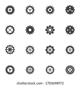 Conjuntos de iconos vectoriales de engranajes, colección moderna de símbolos sólidos, paquete pictograma estilo relleno. Señales, ilustración del logotipo. El conjunto incluye iconos como rueda de los engranajes, configuración de los códigos, mecanismo de reloj