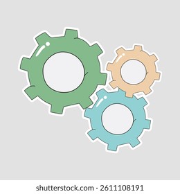 Gear Vector Illustration Sticker. Cute and colorful vector sticker of three cartoon gears. Great for engineering, mechanics, or STEM education visuals