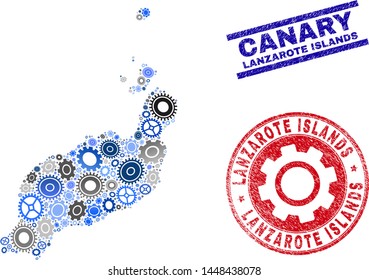 Gear vector Lanzarote Islands map mosaic and stamps. Abstract Lanzarote Islands map is constructed with gradient scattered gear wheels. Engineering territorial scheme in gray and blue colors,