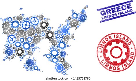 Gear vector Limnos Island map composition and seals. Abstract Limnos Island map is created from gradiented random cogs. Engineering territorial scheme in gray and blue colors,