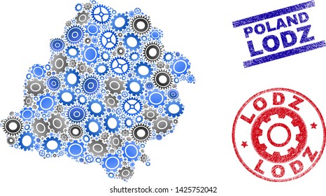 Gear vector Lodz Voivodeship map collage and seals. Abstract Lodz Voivodeship map is organized from gradiented randomized gear wheels. Engineering territorial plan in gray and blue colors,