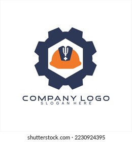 Gear vector logo design with project helmet with cactus tree icon and health sign.