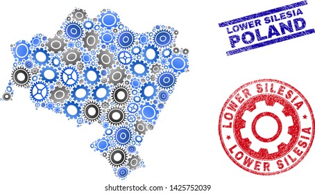 Gear vector Lower Silesia Province map collage and seals. Abstract Lower Silesia Province map is designed from gradiented scattered cogs. Engineering geographic plan in gray and blue colors,