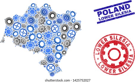 Gear vector Lower Silesian Voivodeship map mosaic and stamps. Abstract Lower Silesian Voivodeship map is composed with gradient random gears. Engineering territory plan in gray and blue colors,