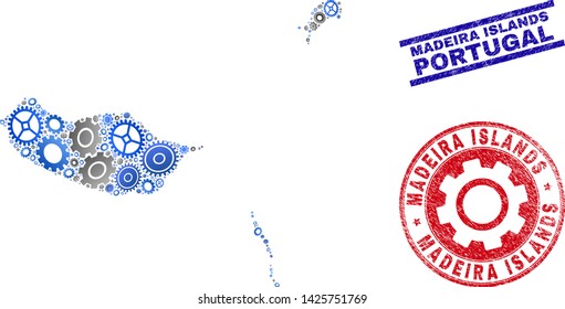 Gear vector Madeira Islands map collage and stamps. Abstract Madeira Islands map is done with gradient randomized cogs. Engineering territory plan in gray and blue colors,
