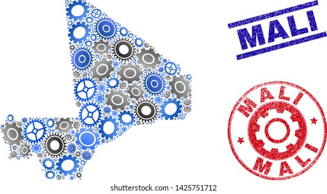 Gear vector Mali map collage and seals. Abstract Mali map is done from gradient scattered gearwheels. Engineering geographic scheme in gray and blue colors,