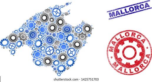 Gear vector Mallorca map mosaic and stamps. Abstract Mallorca map is composed of gradient random gear wheels. Engineering territorial scheme in gray and blue colors,