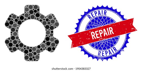 Gear vector mosaic of sharp rosettes and REPAIR textured seal. Bicolor REPAIR stamp seal uses rosette shape, red and blue colors. Rosettes are composed into gear vector collage.