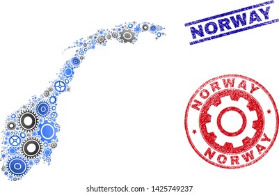 Gear vector Norway map collage and seals. Abstract Norway map is composed with gradiented scattered gears. Engineering territory plan in gray and blue colors, and blue and red rounded and lines seals,