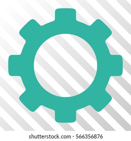 Gear vector pictogram. Illustration style is flat iconic cyan symbol on a hatched transparent background.