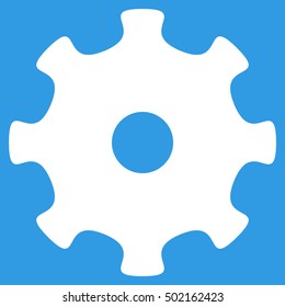 Gear vector pictograph. Style is flat graphic symbol, white color, blue background.
