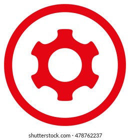 Gear vector rounded icon. Image style is a flat icon symbol inside a circle, red color, white background.