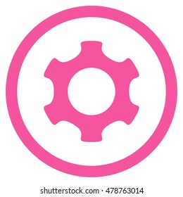 Gear vector rounded icon. Image style is a flat icon symbol inside a circle, pink color, white background.