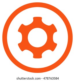 Gear vector rounded icon. Image style is a flat icon symbol inside a circle, orange color, white background.