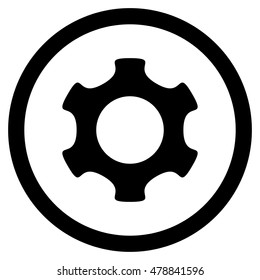 Gear vector rounded icon. Image style is a flat icon symbol inside a circle, black color, white background.