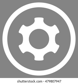 Gear vector rounded icon. Image style is a flat icon symbol inside a circle, white color, gray background.