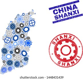 Gear vector Shanxi Province map composition and stamps. Abstract Shanxi Province map is done with gradiented scattered gear wheels. Engineering territorial scheme in gray and blue colors,