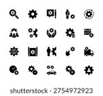 Gear vector silhouette icons set. Contains such icons as gear, cogwheel, operator, labor, rotation, maintenance, money, auto and more. Isolated pinion related icons collection on white background.
