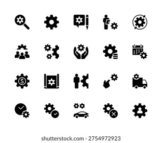 Gear vector silhouette icons set. Contains such icons as gear, cogwheel, operator, labor, rotation, maintenance, money, auto and more. Isolated pinion related icons collection on white background.