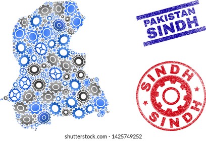 Gear vector Sindh Province map composition and stamps. Abstract Sindh Province map is done with gradiented random gear wheels. Engineering geographic scheme in gray and blue colors,