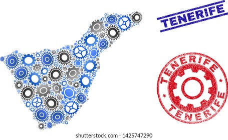 Gear vector Tenerife map composition and seals. Abstract Tenerife map is organized with gradient random cogs. Engineering territorial plan in gray and blue colors,