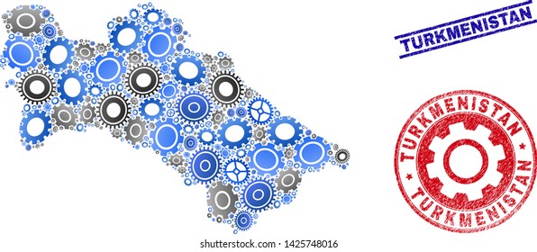 Gear vector Turkmenistan map collage and stamps. Abstract Turkmenistan map is constructed with gradient random cogwheels. Engineering territory scheme in gray and blue colors,