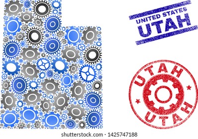 Gear vector Utah State map mosaic and stamps. Abstract Utah State map is formed with gradient random gear wheels. Engineering territory scheme in gray and blue colors,