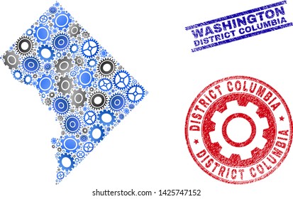Gear vector Washington District Columbia map mosaic and seals. Abstract Washington District Columbia map is created with gradient randomized cogs. Engineering geographic plan in gray and blue colors,