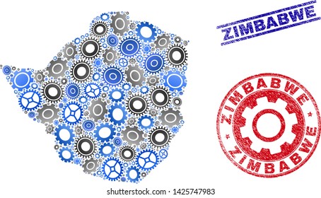 Gear vector Zimbabwe map collage and seals. Abstract Zimbabwe map is designed from gradiented randomized gear wheels. Engineering territory plan in gray and blue colors,