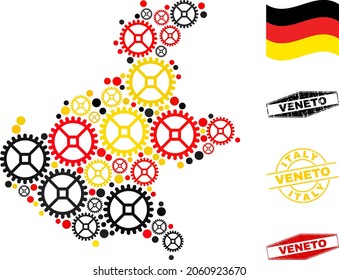 Gear Veneto region map collage and seals. Vector collage is composed with repair workshop icons in different sizes, and German flag official colors - red, yellow, black.