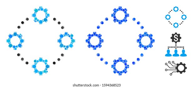 Gear virtual connection mosaic of spheric dots in variable sizes and color tinges, based on gear virtual connection icon. Vector dots are organized into blue mosaic.