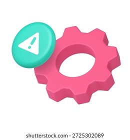 Gear and warning alert icon for system settings and app interface. Represents configuration, danger, caution, risk, and control. Modern 3d icon realistic vector illustration.