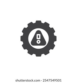 Gear with warning sign vector icon. filled flat sign for mobile concept and web design. Risk Management glyph icon. Stability and foresight symbol, logo illustration. Vector graphics