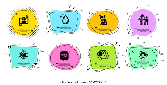 Gear, Water drop and Employees teamwork line icons set. Chat bubbles with quotes. Cogwheel blueprint, Eco energy and Employee results signs. Microscope, Quick tips symbols. Vector