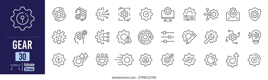 Gear web icon set in line style. Collection of Gear, Settings, Configuration, Customization, Automation Settings, Smart Gear and Gear Protect more. Fully editable stroke. Vector illustration.