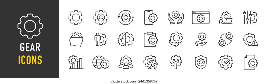 Gear web icons in line style. Setup, settings, process, engineering, tools, download, collection. Vector illustration.