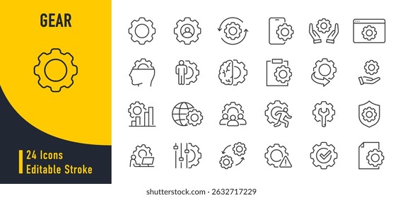 Zahnrad-Web-Symbole im Linienstil. Setup, Einstellungen, Prozess, Engineering, Tools, Download, Sammlung. Vektorgrafik.