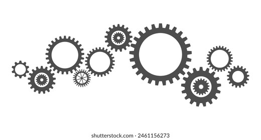 Gear wheel abstract vector set. Collection of different grey cogwheels isolated on white. Doodle style gear mechanism. New business idea, teamwork, progress, technology concept.