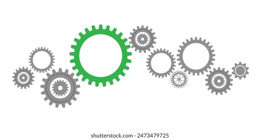 Gear wheel abstract vector set. Collection of different cogwheels and green cog in center isolated on white. Doodle style gear mechanism. New business idea, teamwork, progress, technology concept.