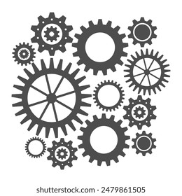 Gear wheel abstract vector set. Collection of different grey cogwheels isolated on white. Doodle style gear mechanism. New business idea, teamwork, progress, technology concept.