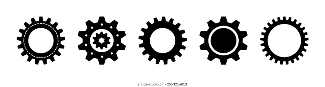 Gear wheel abstract vector set. Collection of different black cogwheels isolated on transparent background. Doodle style gear mechanism. New business idea, teamwork, progress, technology.