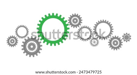 Gear wheel abstract vector set. Collection of different cogwheels and green cog in center isolated on white. Doodle style gear mechanism. New business idea, teamwork, progress, technology concept.