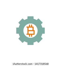 Gear wheel with bitcoin flat icon, vector sign, Bitcoin gear colorful pictogram isolated on white. Symbol, logo illustration. Flat style design