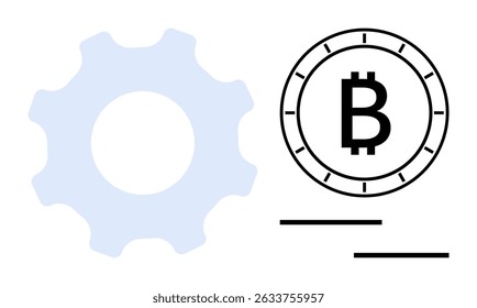 Gear wheel with Bitcoin symbol represents digital currency and blockchain. Ideal for fintech, cryptocurrency education, technology services, financial growth, innovation, digital transactions