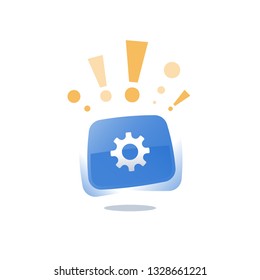 Gear wheel blue button, maintenance diagnostics and repair, system upgrade, installment settings and control, application development, technology simple solution, integration and innovation icon